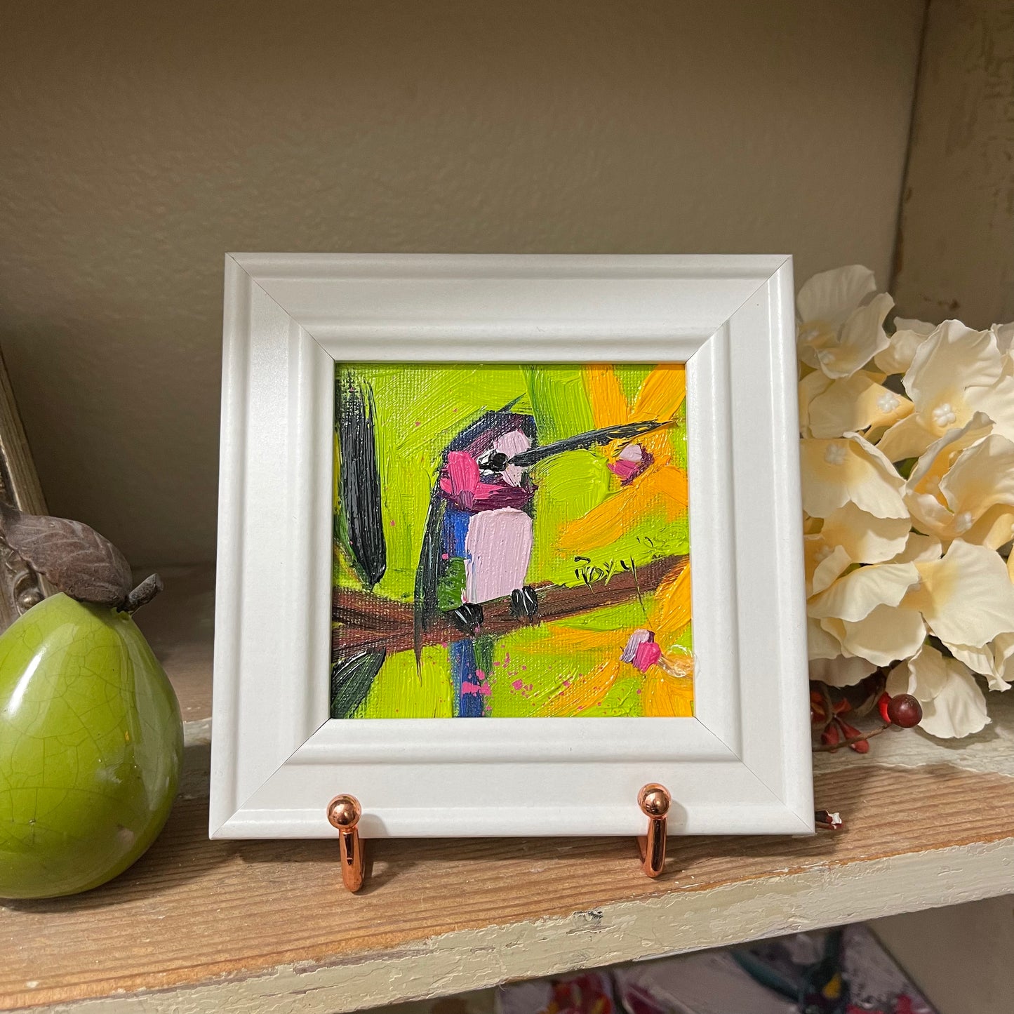 Winged Wonder-Hummingbird Original Oil Painting 4x4 Framed