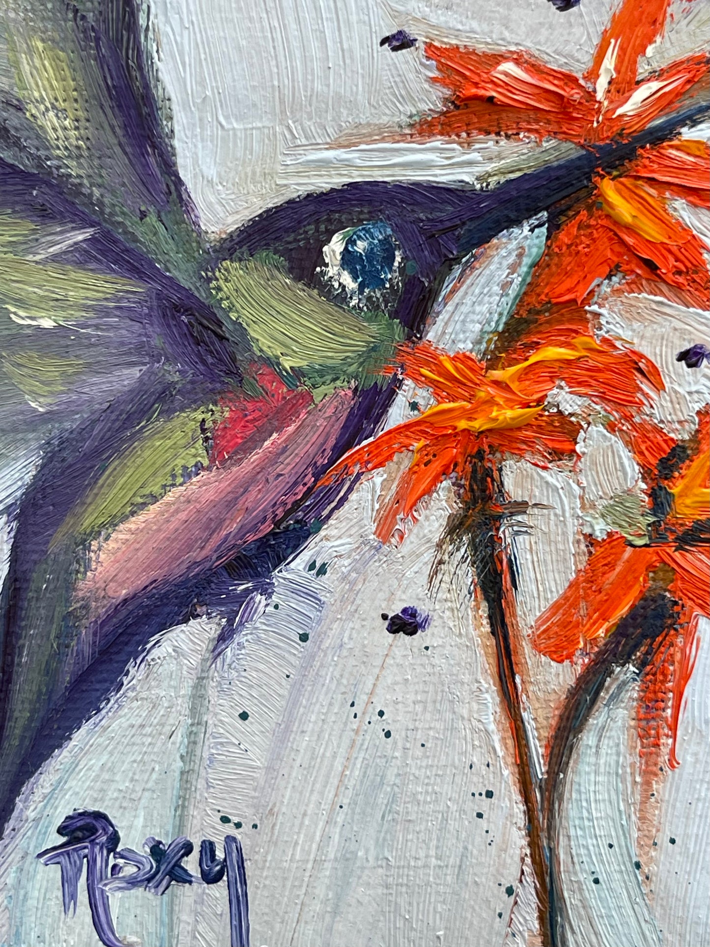 Hummingbird in Bee Balm-Original Miniature Oil Painting with Stand