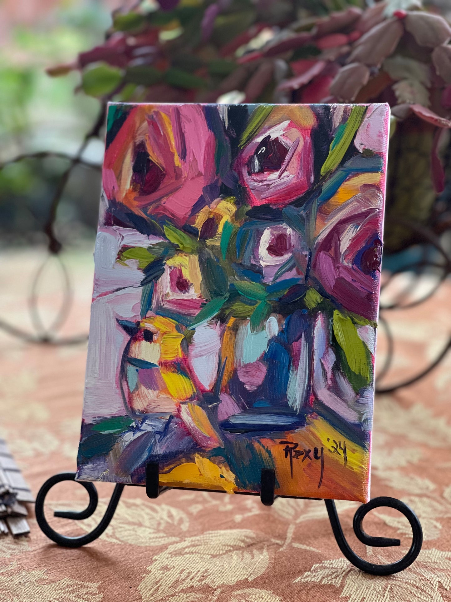 Abstract Roses and Bird Original Oil Painting 6x8 Unframed