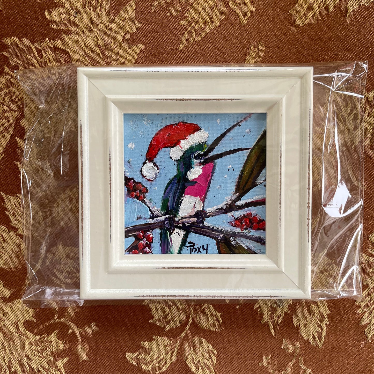 Merry and Bright Holiday Hummingbird Original Oil Painting 4x4 Framed