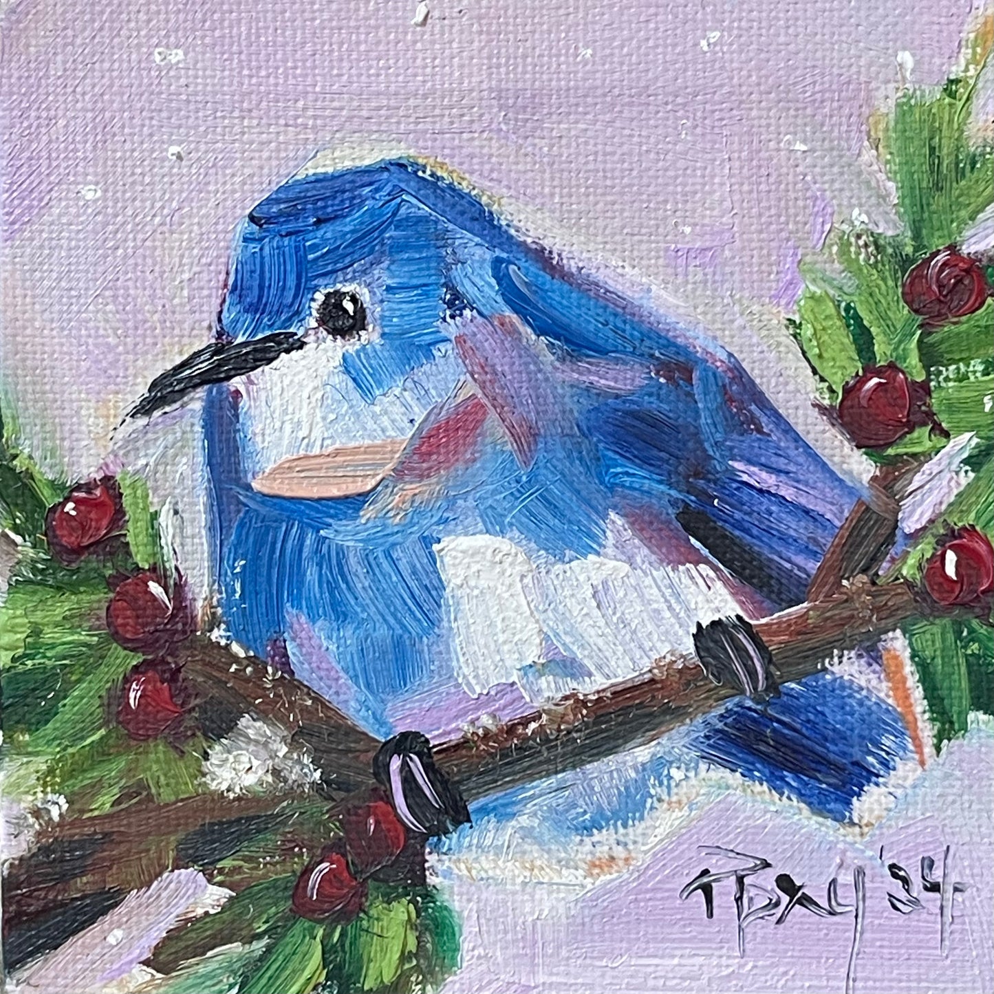 Mountain Bluebird in Berries- Original Oil Painting 4x4 Framed