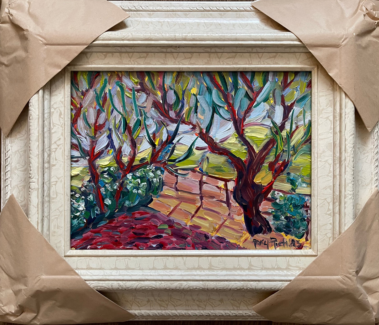 Árboles ventosos Pintura al óleo original 9 x 12 Enmarcado