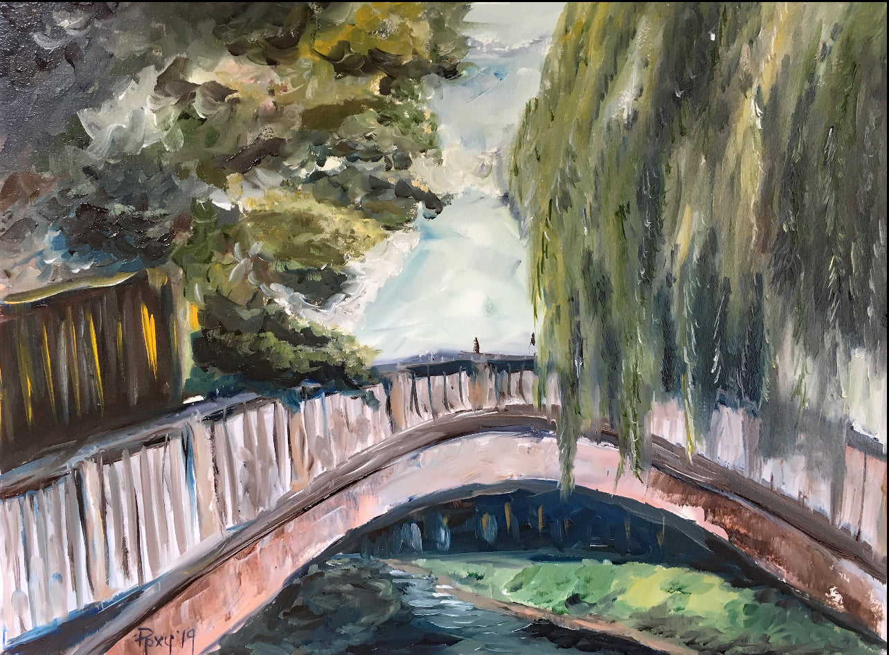 El puente a Dorking-pintura al óleo original enmarcada