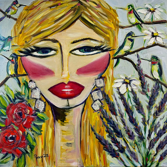 Pintura al óleo original de la dama colibrí enmarcada