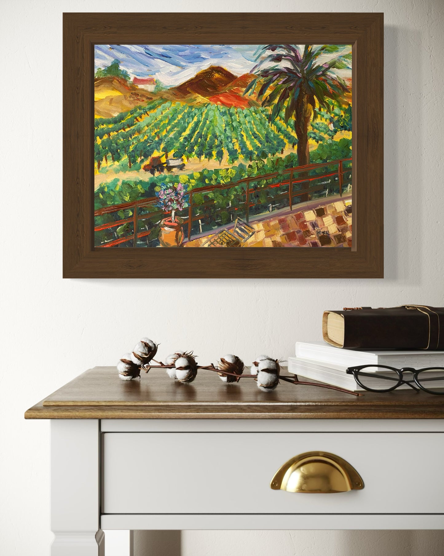 Vineyard View at Chapin-Original Contemporary Impressionism Oil Landscape Painting Framed