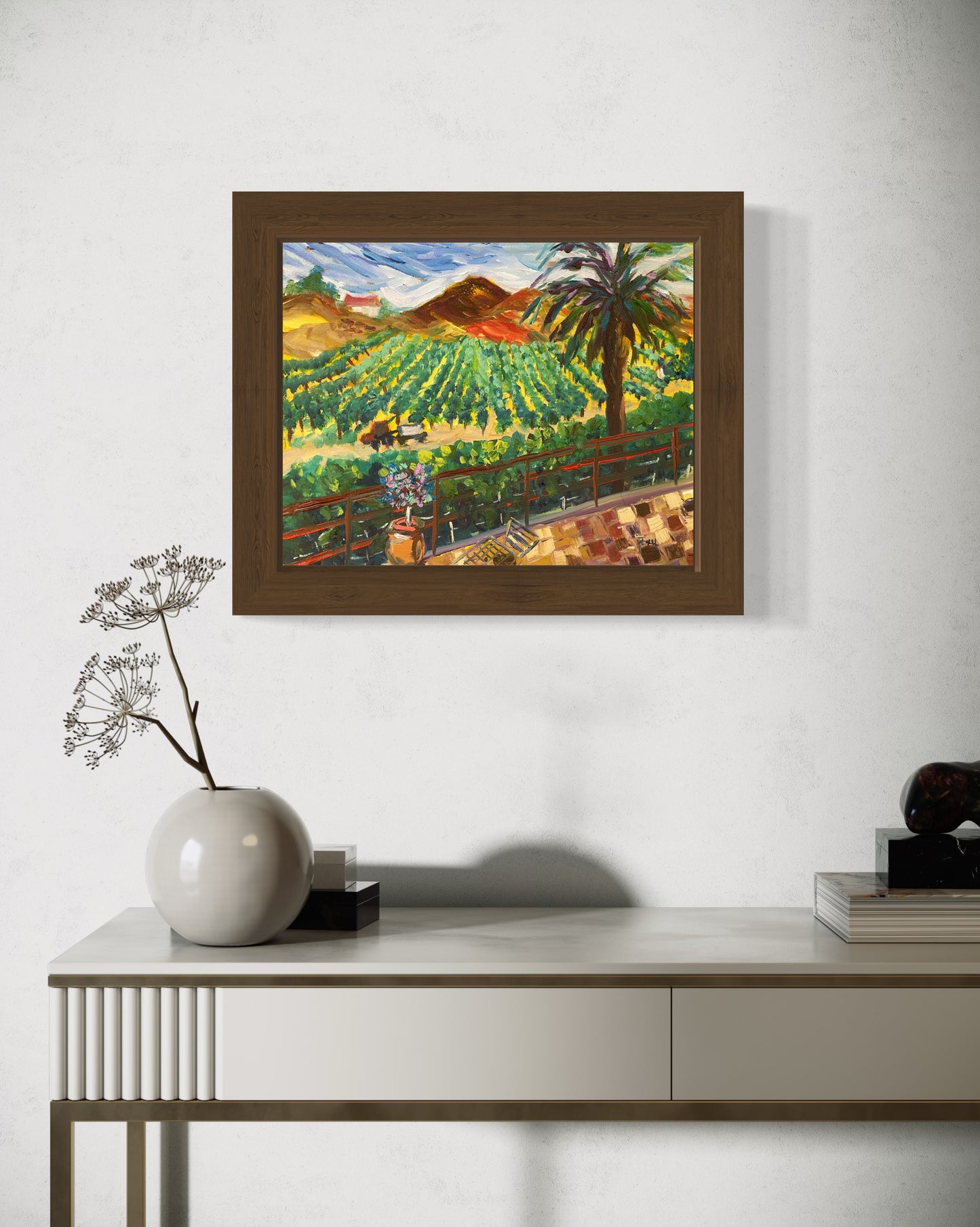 Vineyard View at Chapin-Original Contemporary Impressionism Oil Landscape Painting Framed