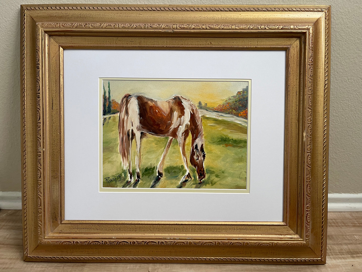 Lazy Grazing Original Horse in a Field Oil Landscape Painting Framed