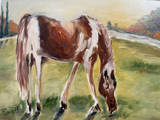 Cheval original de pâturage paresseux dans une peinture de paysage à l’huile de champ encadrée