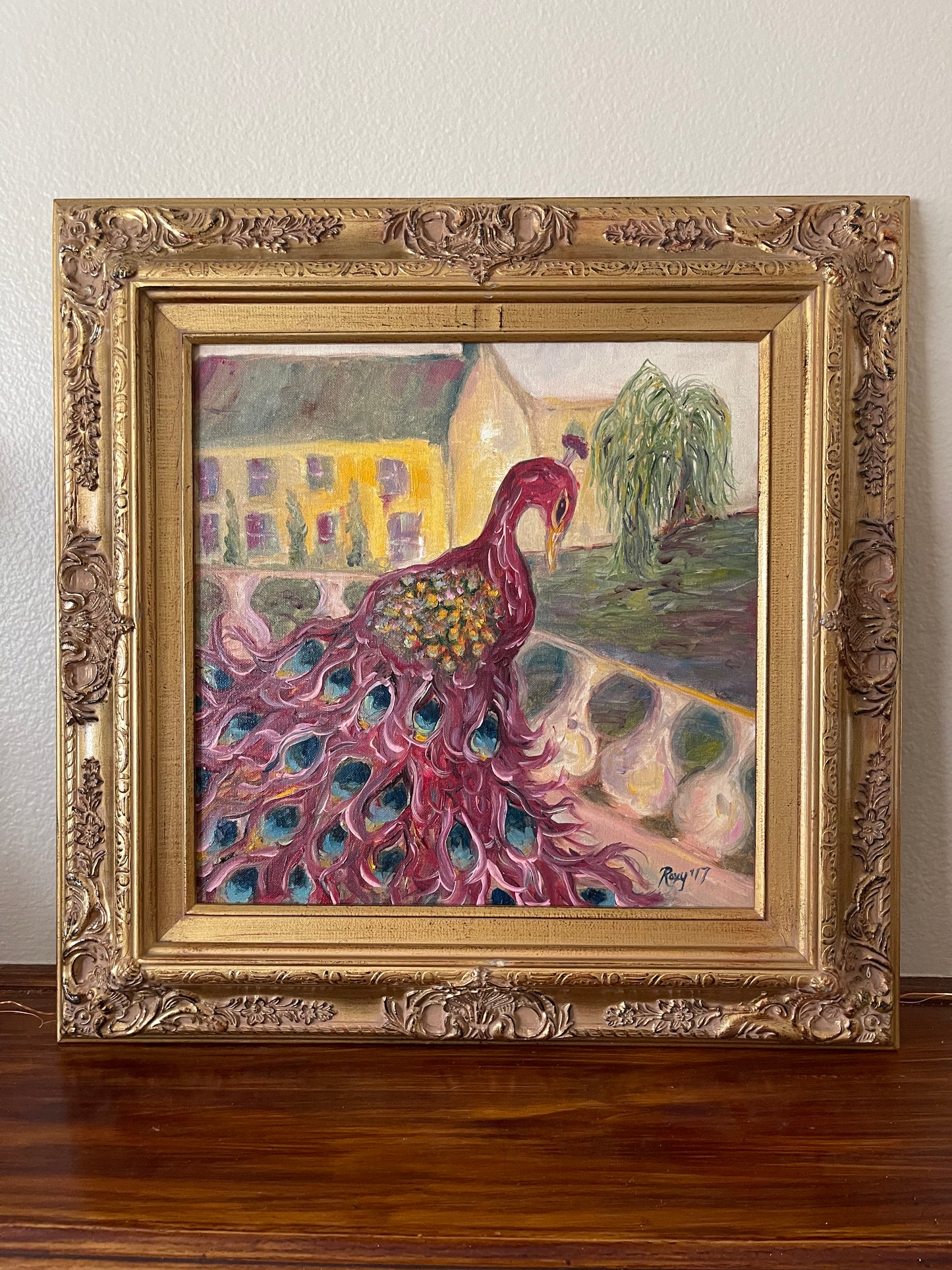 Resident Menace (peacock) -Original Cotswold Oil Painting Framed