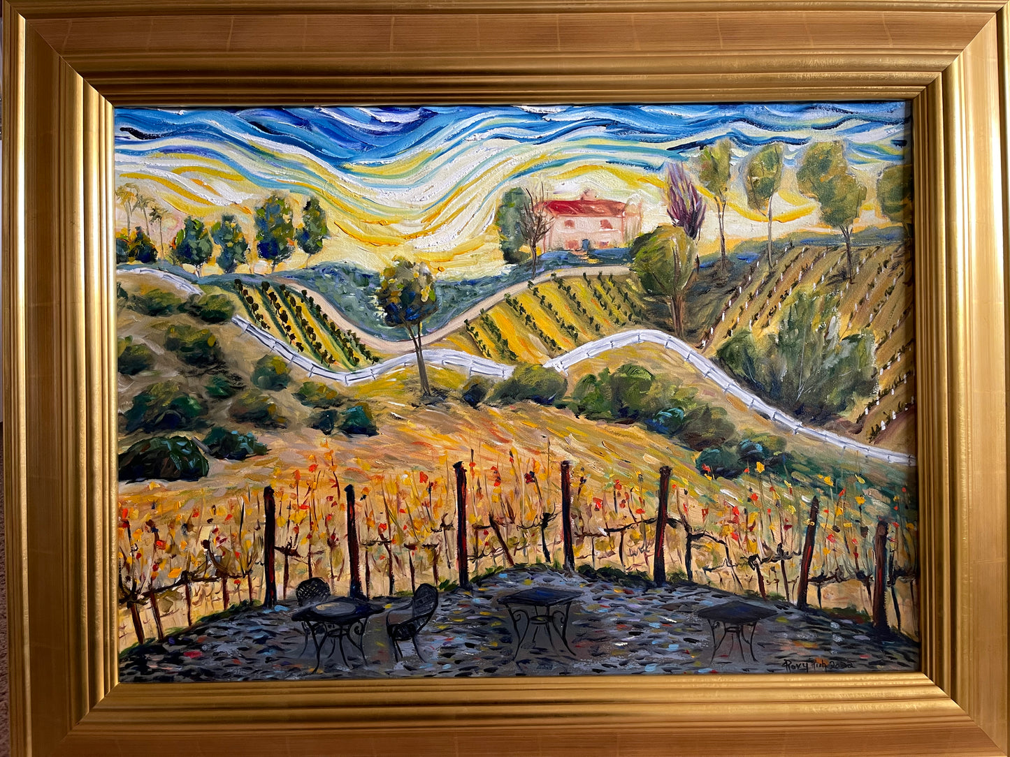 Sunset at the Villa  (Gershon Bachus Vintners) Original Oil Landscape Painting Framed