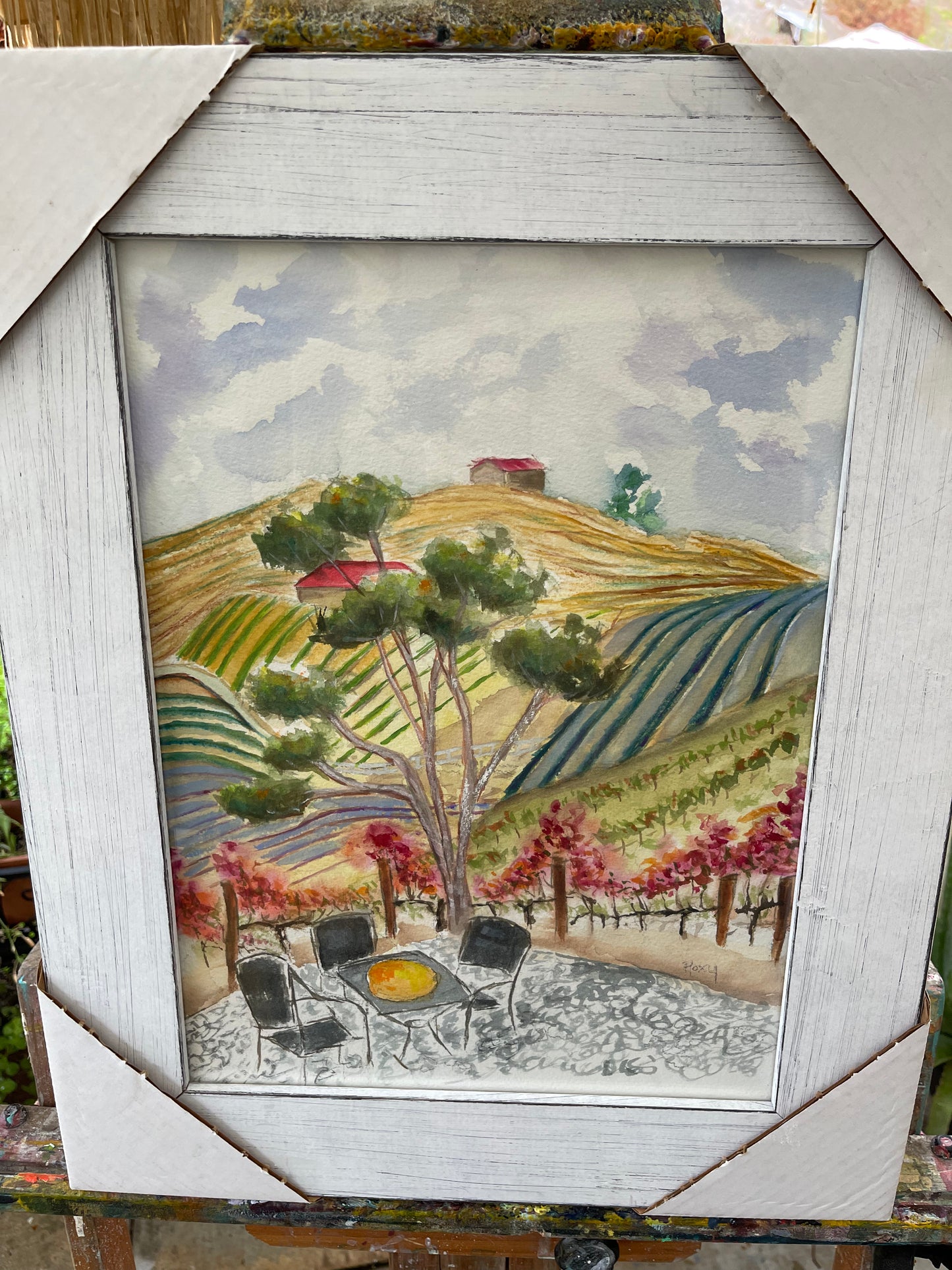 View from the Patio at GBV Winery Original Watercolor Landscape Painting Framed