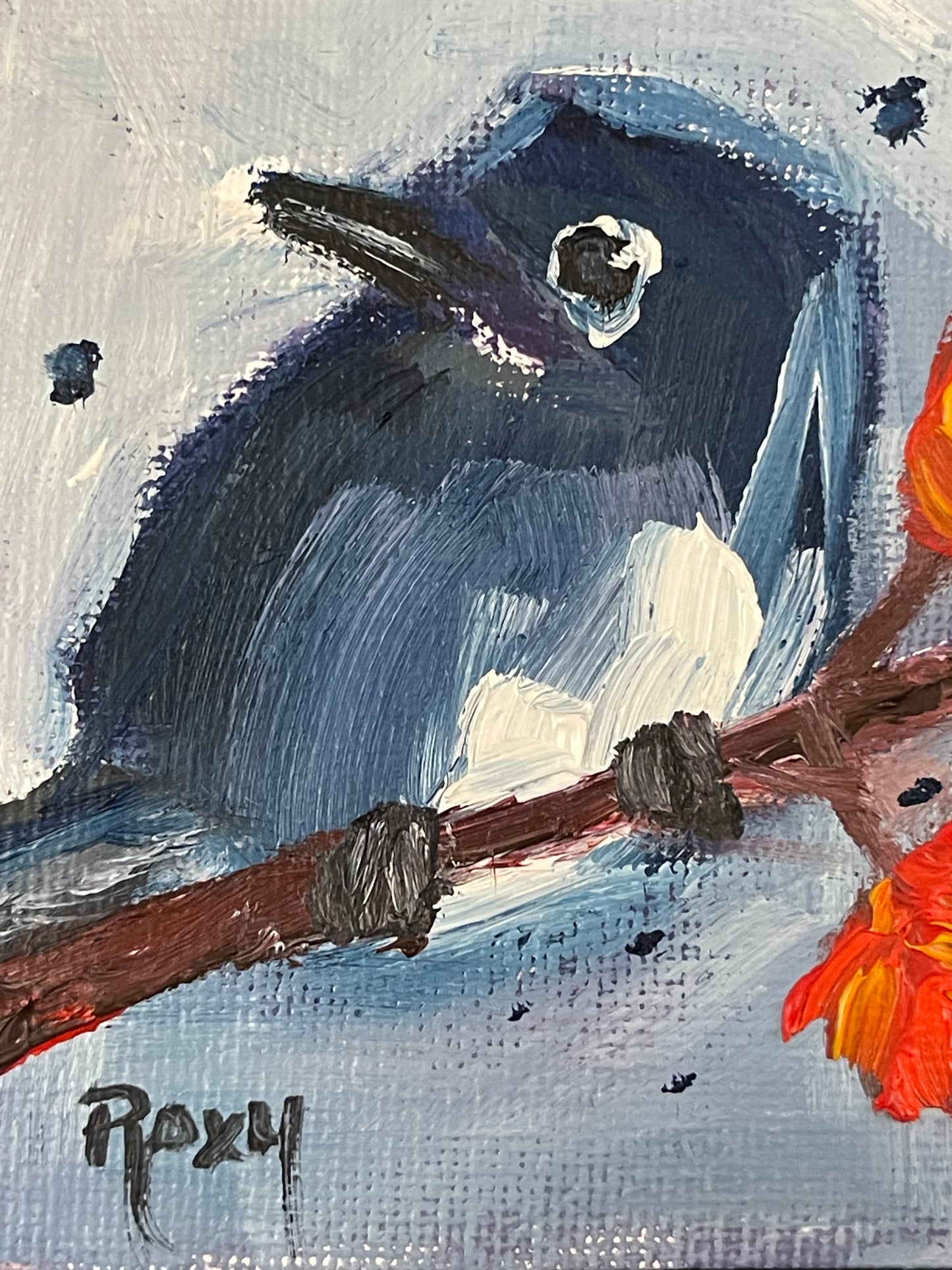 Mountain Bluebird Chick-Original pintura al óleo en miniatura con soporte