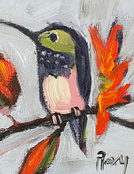 Pintura al óleo en miniatura original de colibrí de otoño con soporte