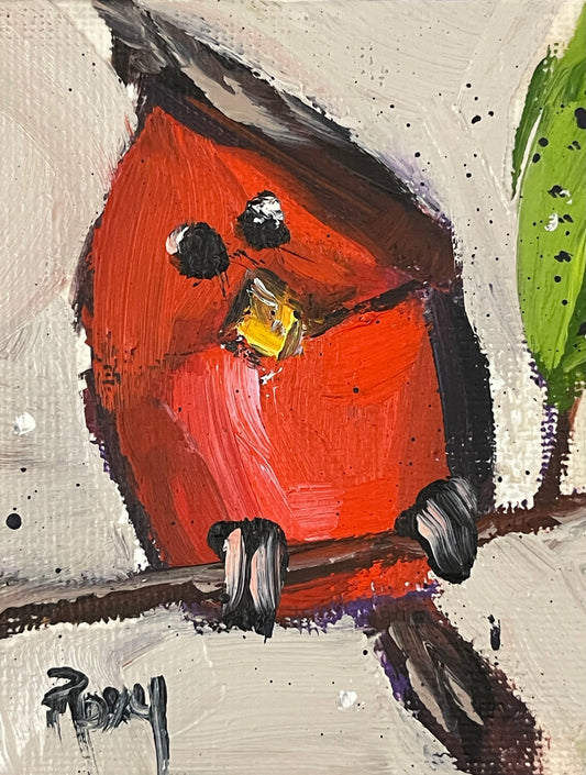 Peinture à l’huile miniature mignonne de poussin cardinal-original avec le support