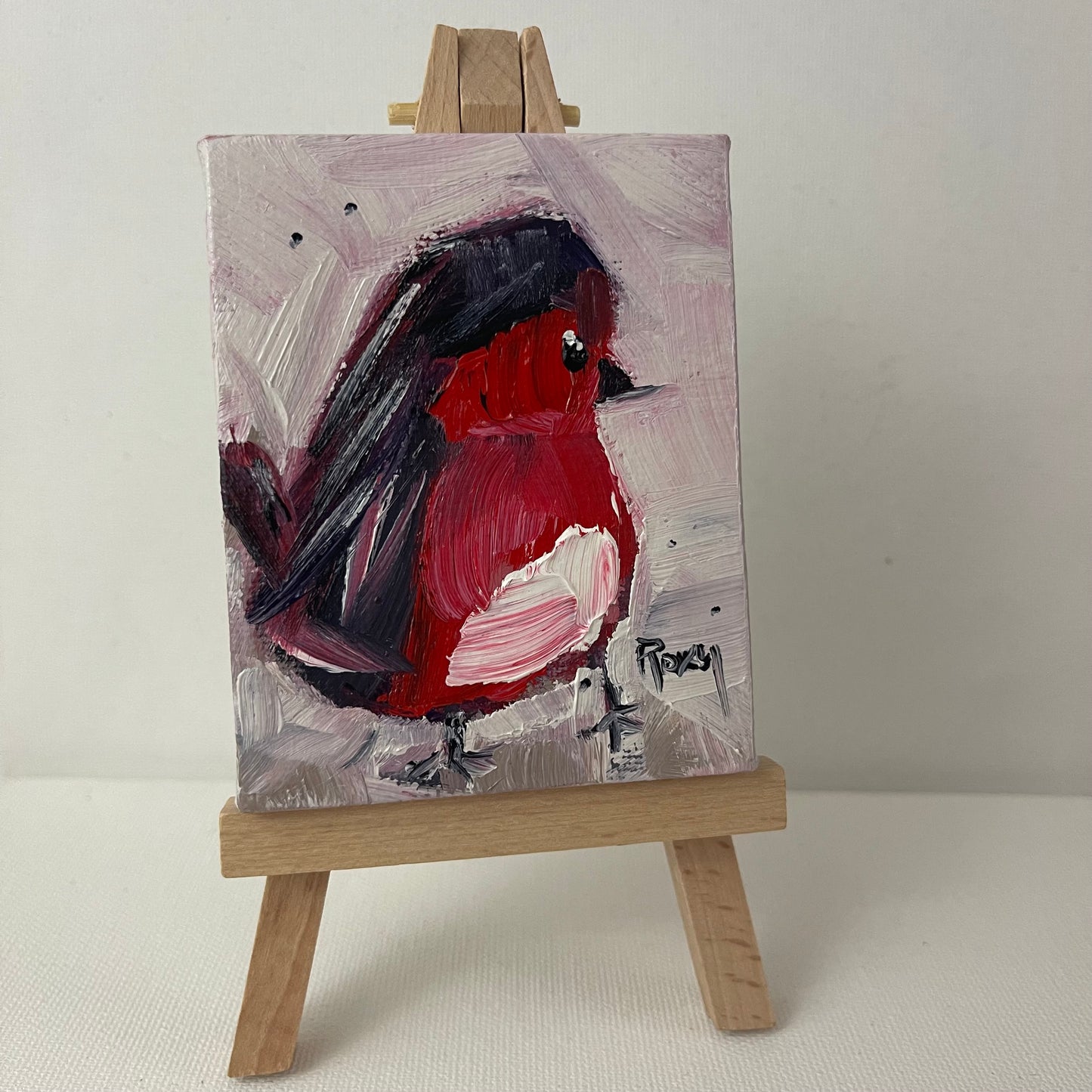 Adorable Red Robin Chick-Original Miniature Oil Painting with Stand