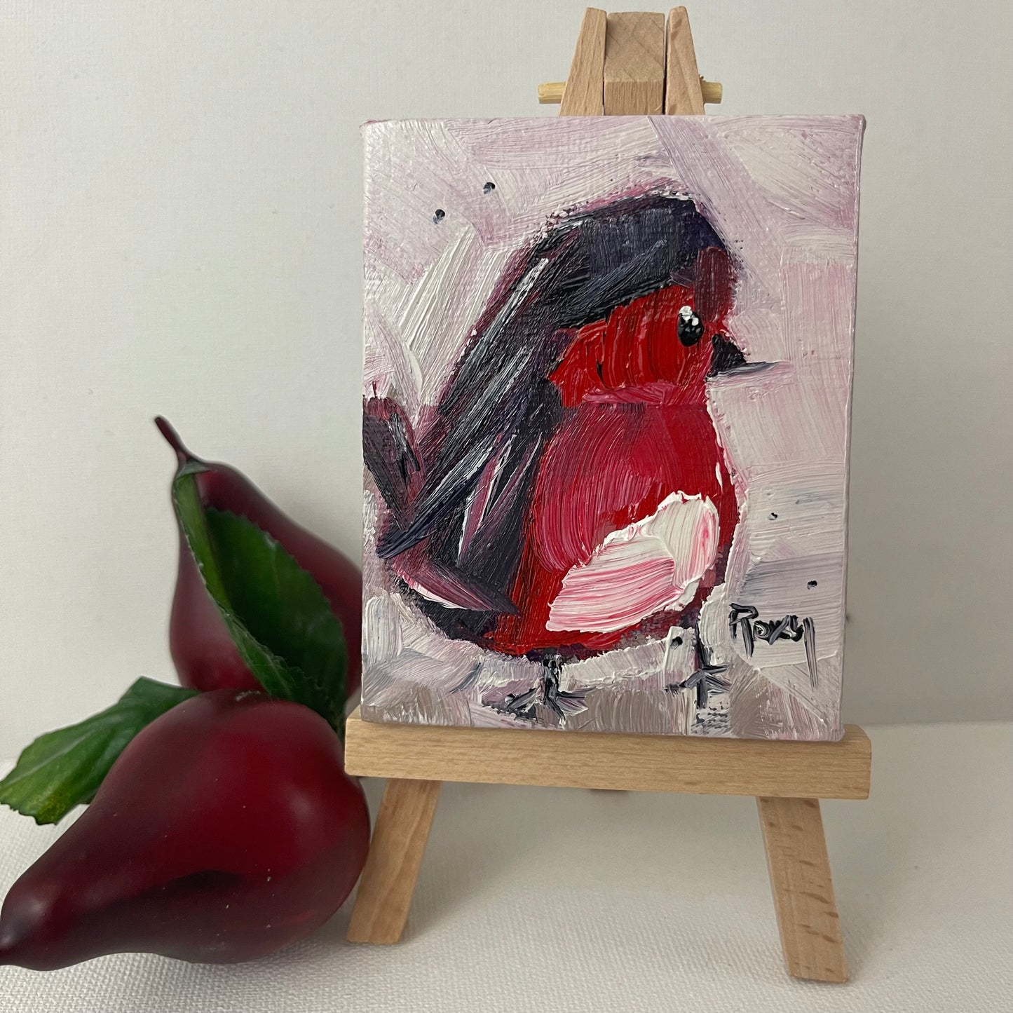 Adorable Red Robin Chick-Original Miniature Oil Painting with Stand