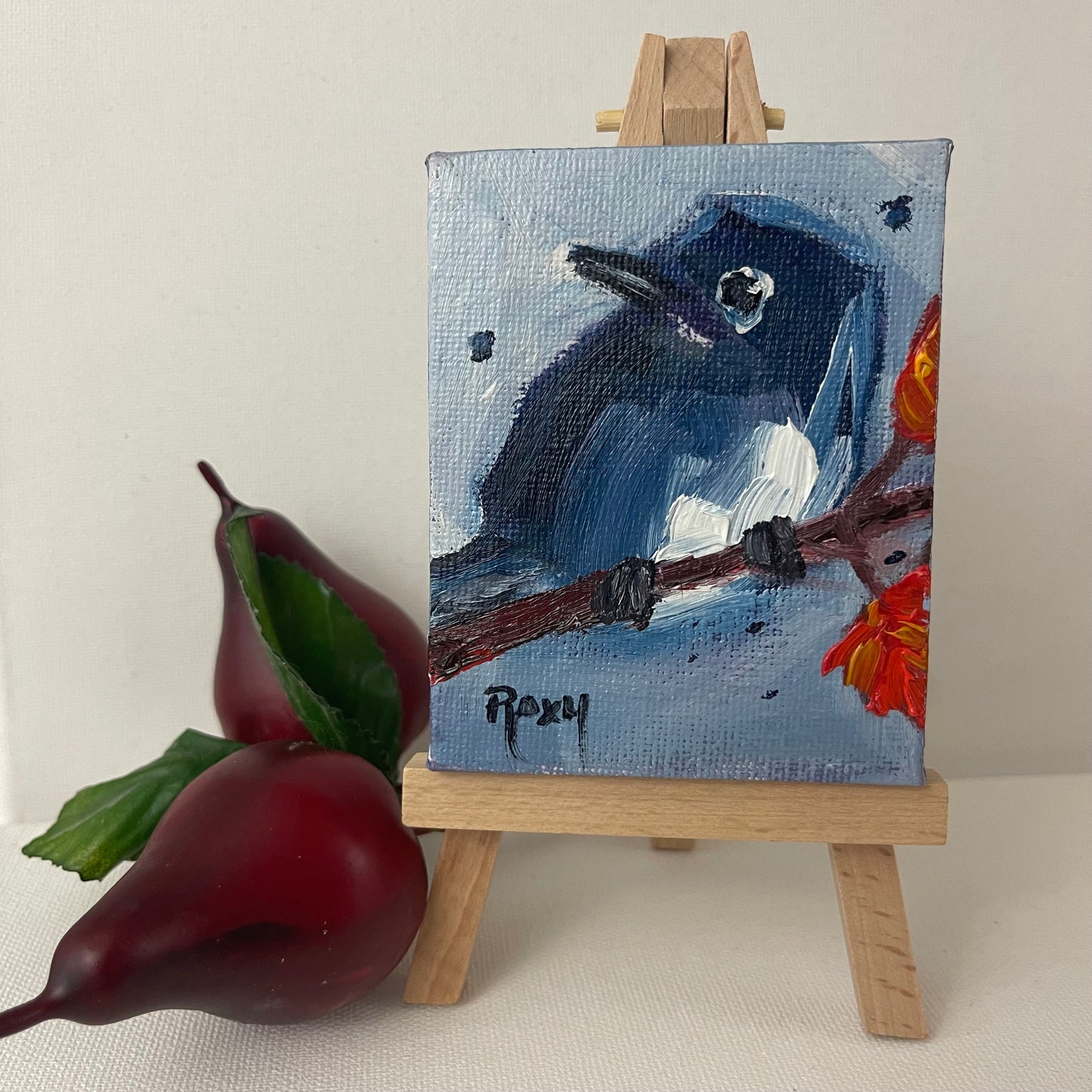 Mountain Bluebird Chick-Original pintura al óleo en miniatura con soporte