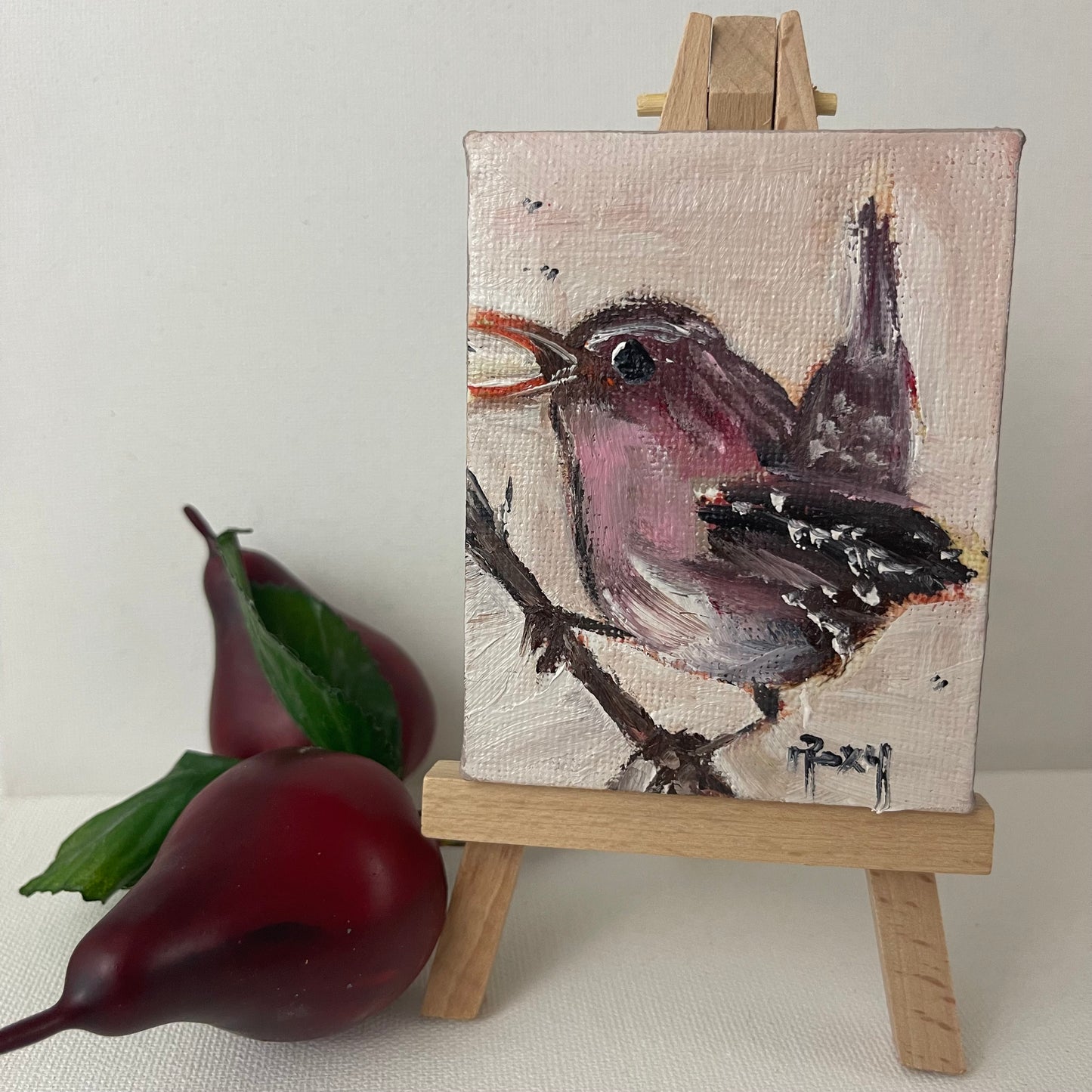 Singing Wren Bird-Original pintura al óleo en miniatura con soporte