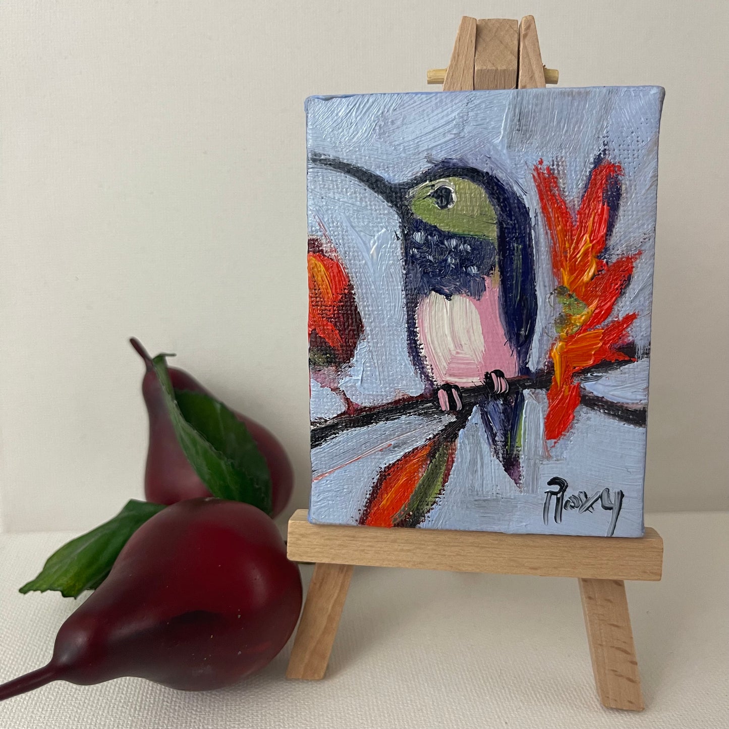 Pintura al óleo en miniatura original de colibrí de otoño con soporte
