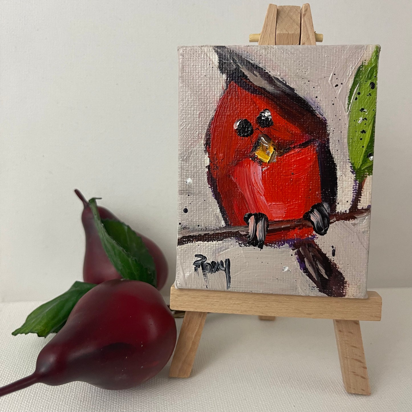 Cute Cardinal Chick-Original Miniature Oil Painting with Stand