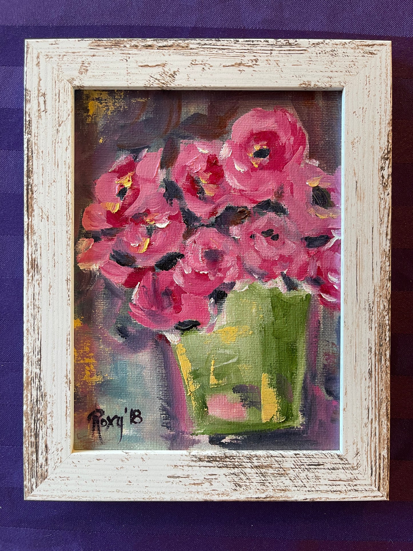 Roses in a Green Wooden Bucket-Original Oil Painting Framed