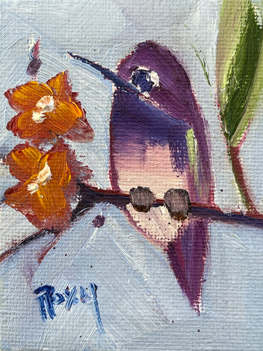 Colibrí violeta -Pintura al óleo en miniatura original con soporte