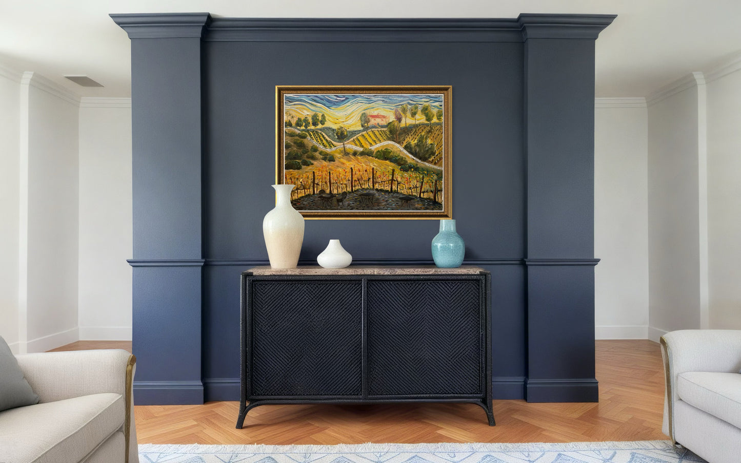 Sunset at the Villa  (Gershon Bachus Vintners) Original Oil Landscape Painting Framed