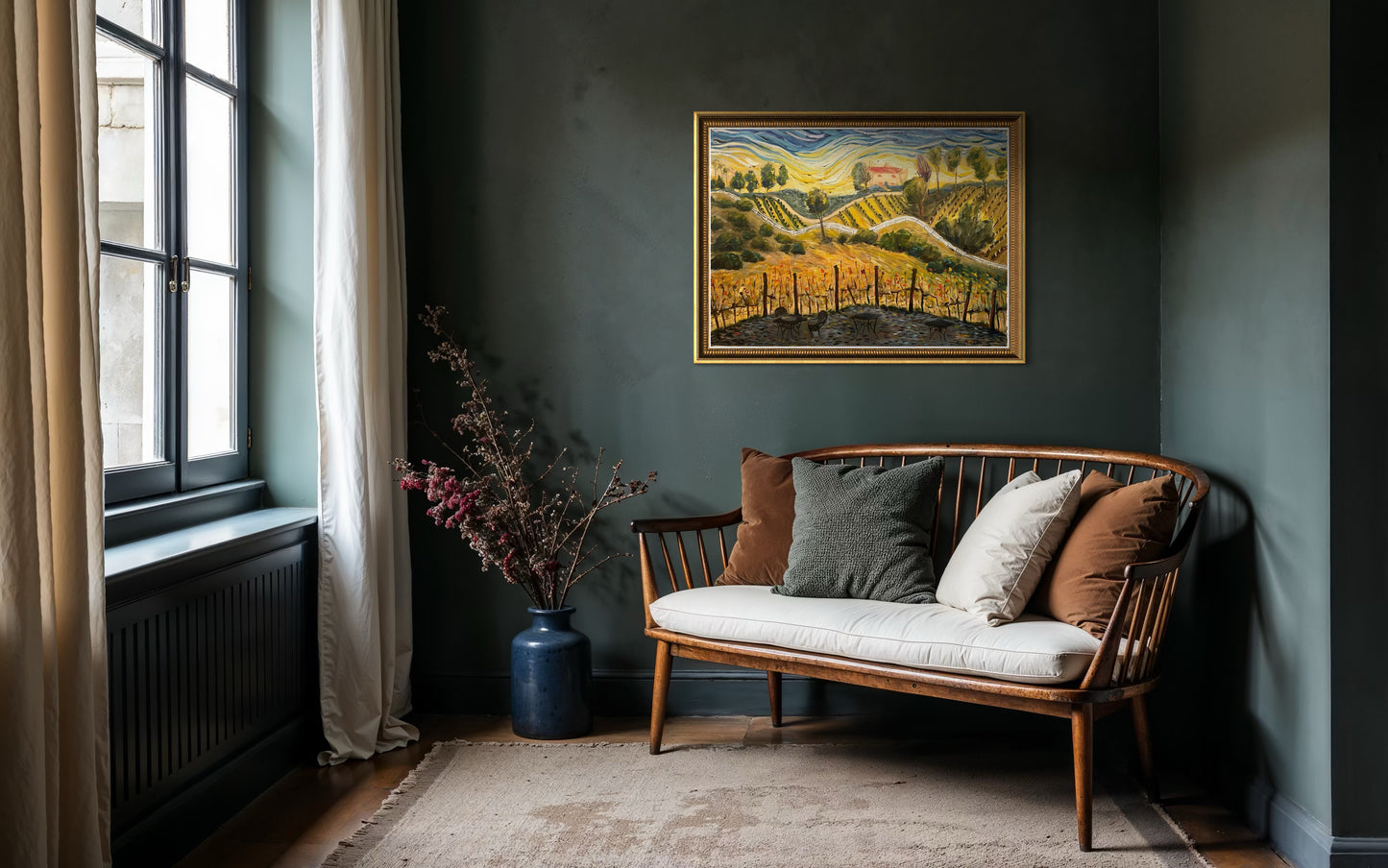 Sunset at the Villa  (Gershon Bachus Vintners) Original Oil Landscape Painting Framed