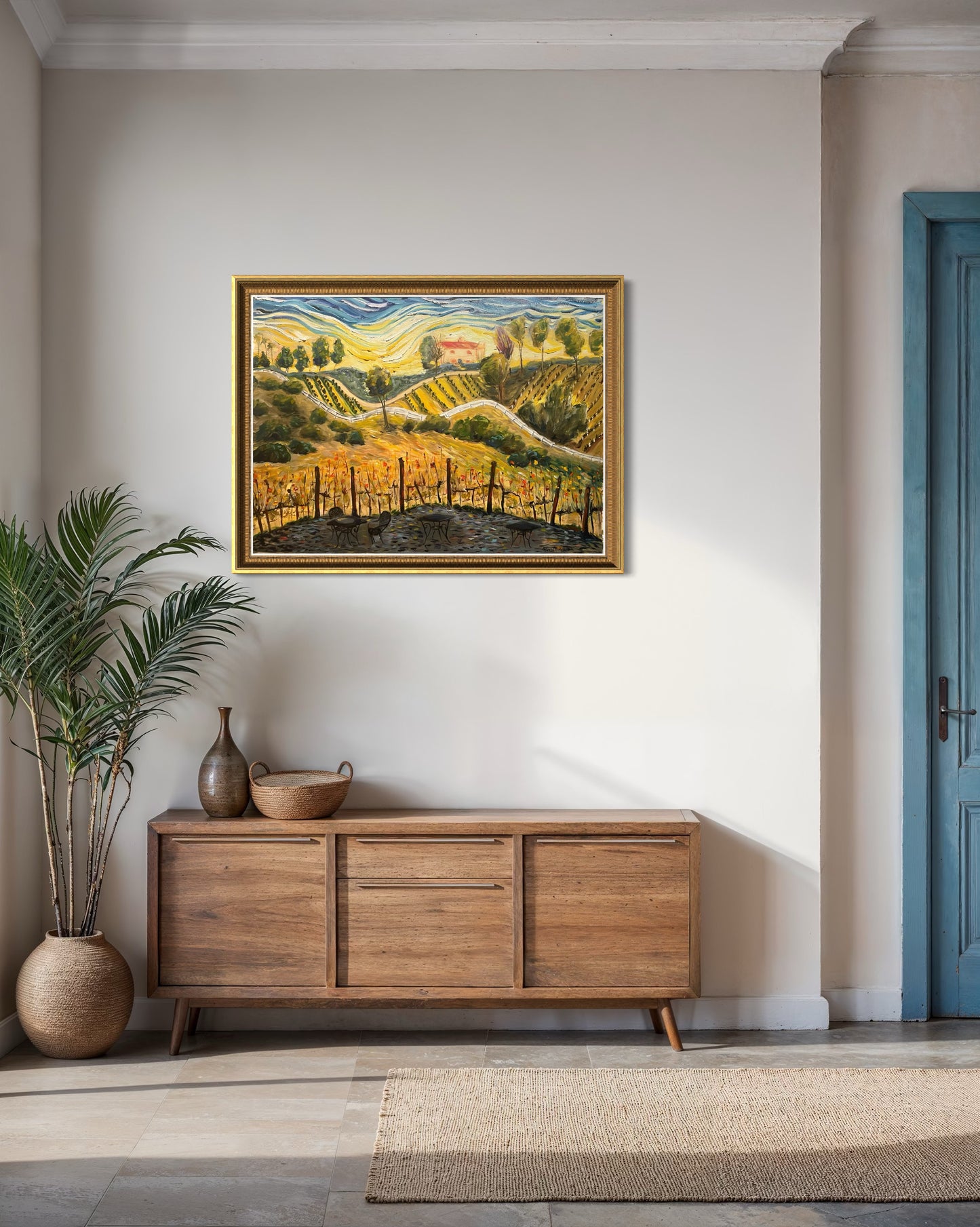 Sunset at the Villa  (Gershon Bachus Vintners) Original Oil Landscape Painting Framed