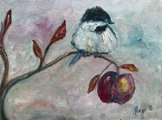 Mésange dans un pommier Peinture à l’huile originale 6x8 Non encadré