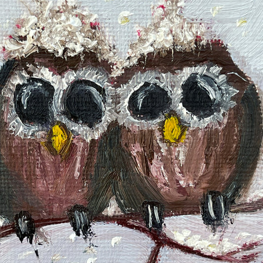 Adorable Baby Owls-Original Miniature Oil Painting with Stand
