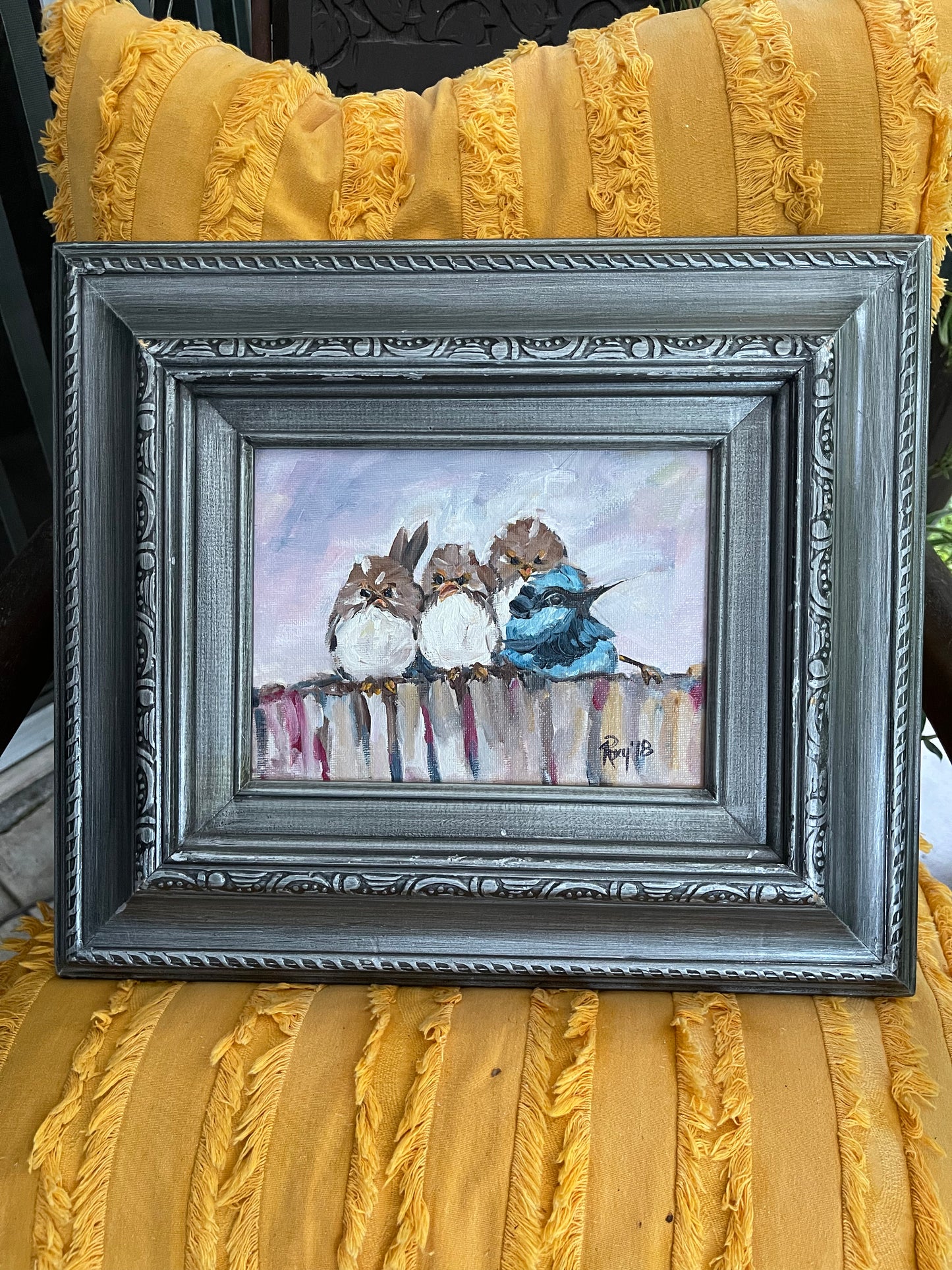 Grumpy Morning Fairy Wrens Peinture à l’huile originale 6x8 Encadrée