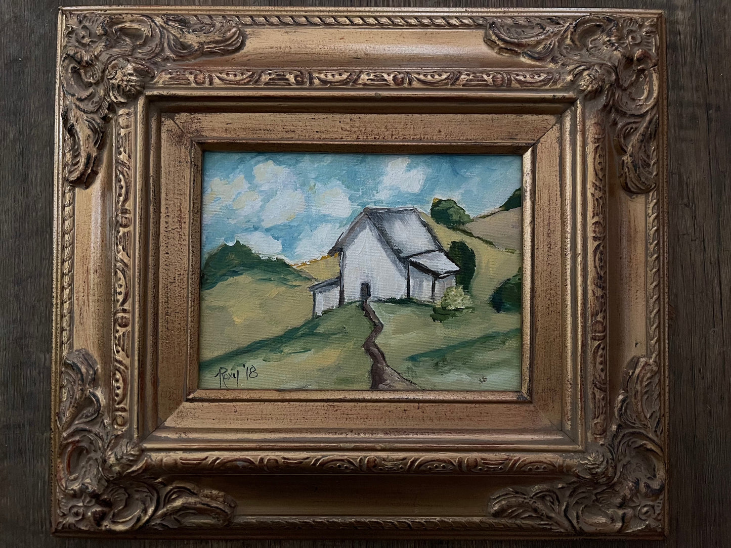 White Barn Countryside Landscape-Original Oil Painting Framed