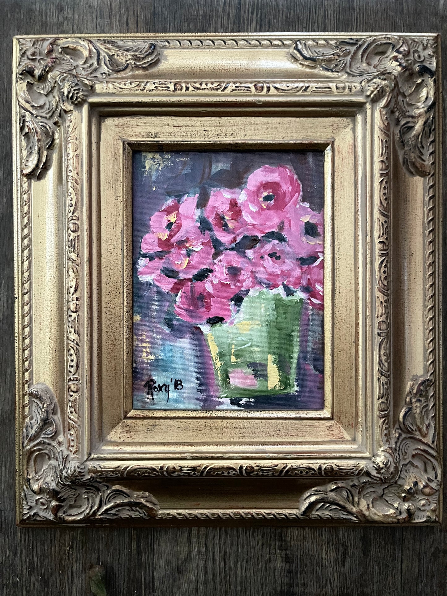 Roses in a Green Wooden Bucket-Original Oil Painting Framed