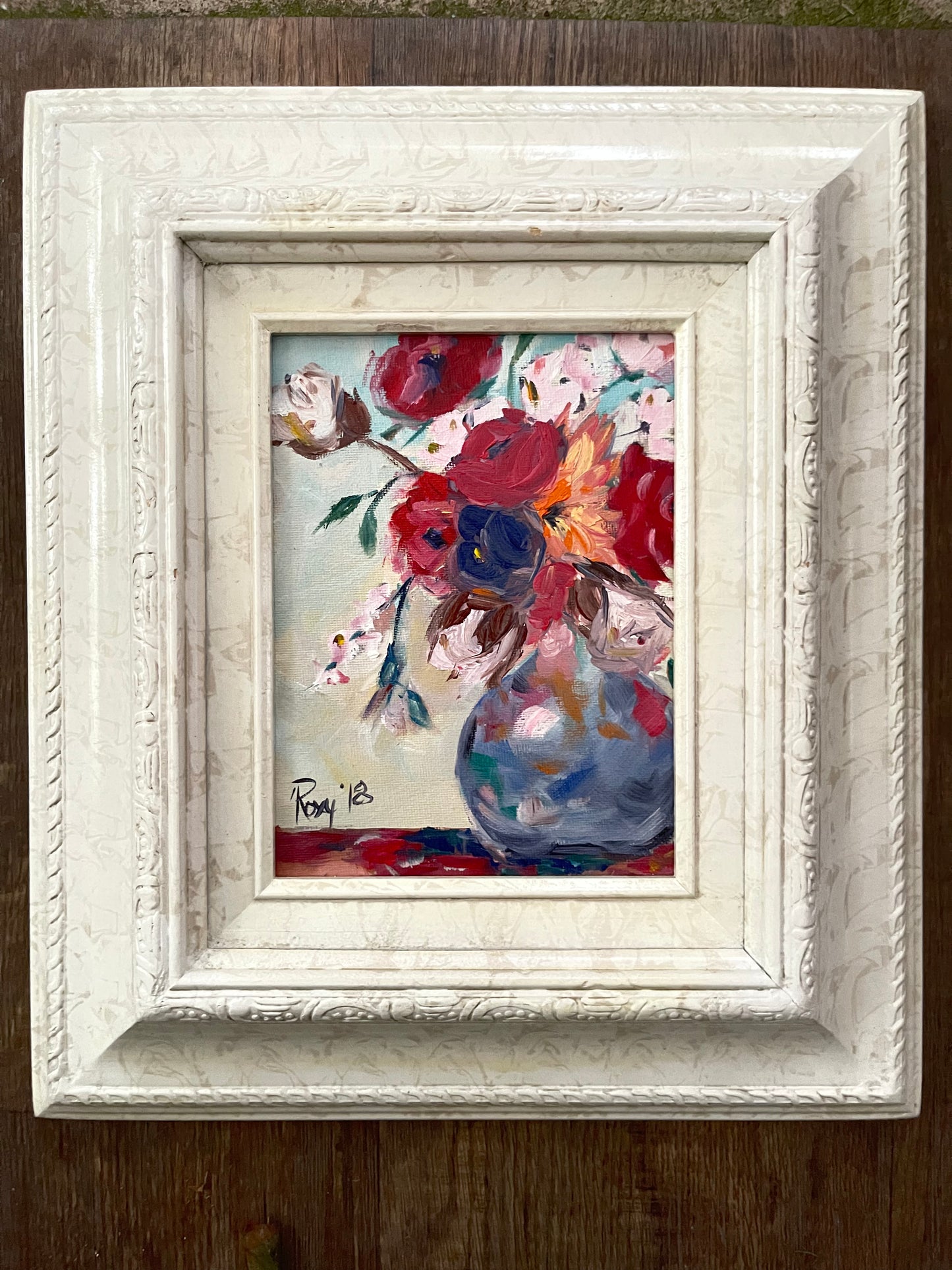 Algodón y Rosas-Pintura al óleo original enmarcada