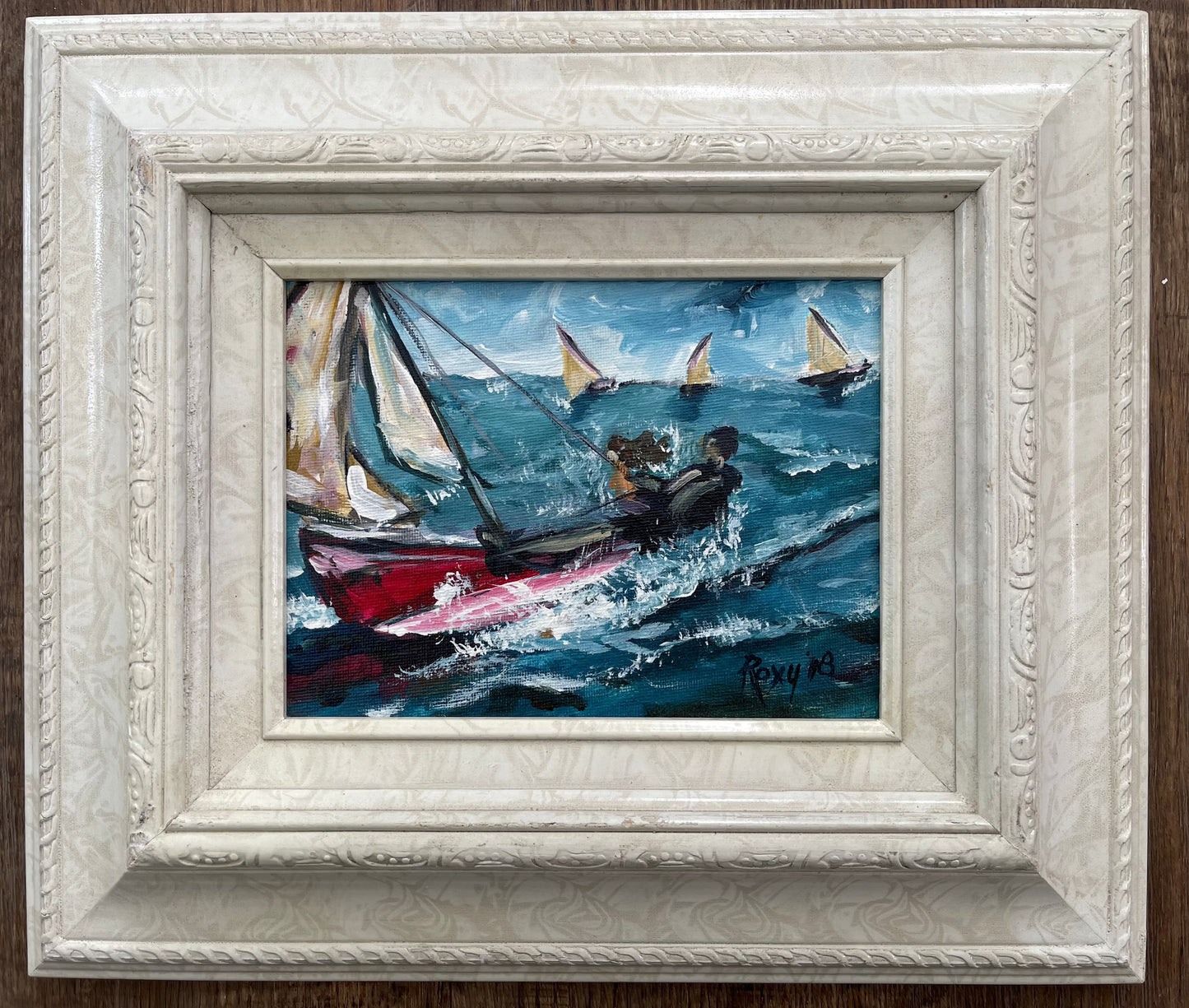 Cat Sailing-Peinture acrylique originale-6 x 8 encadrée