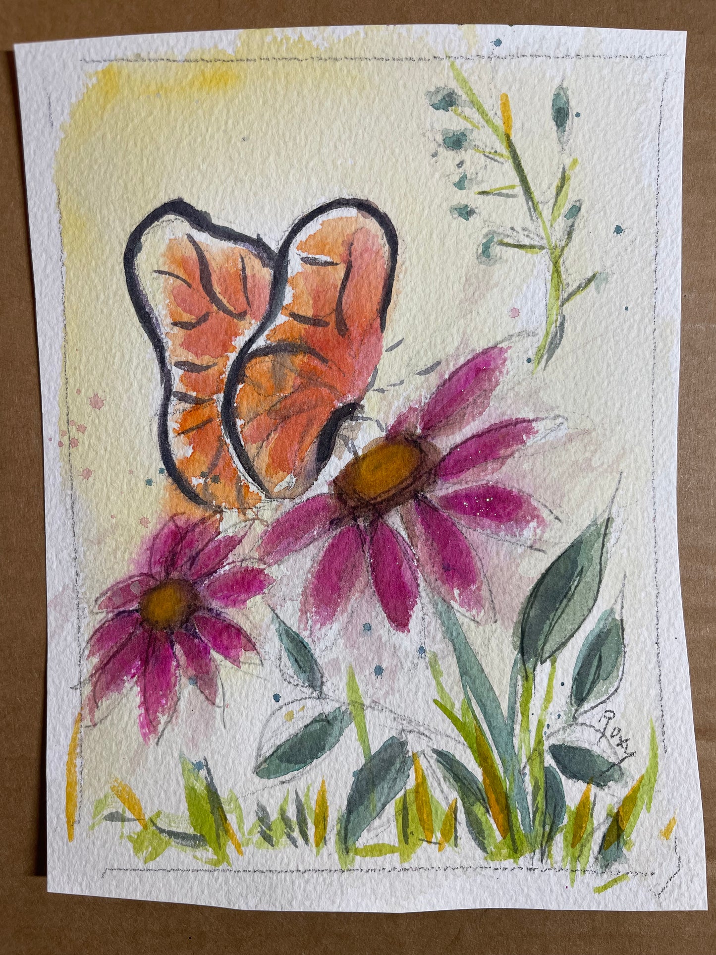 Mariposa en una pintura de acuarela original de Coneflower 6x8