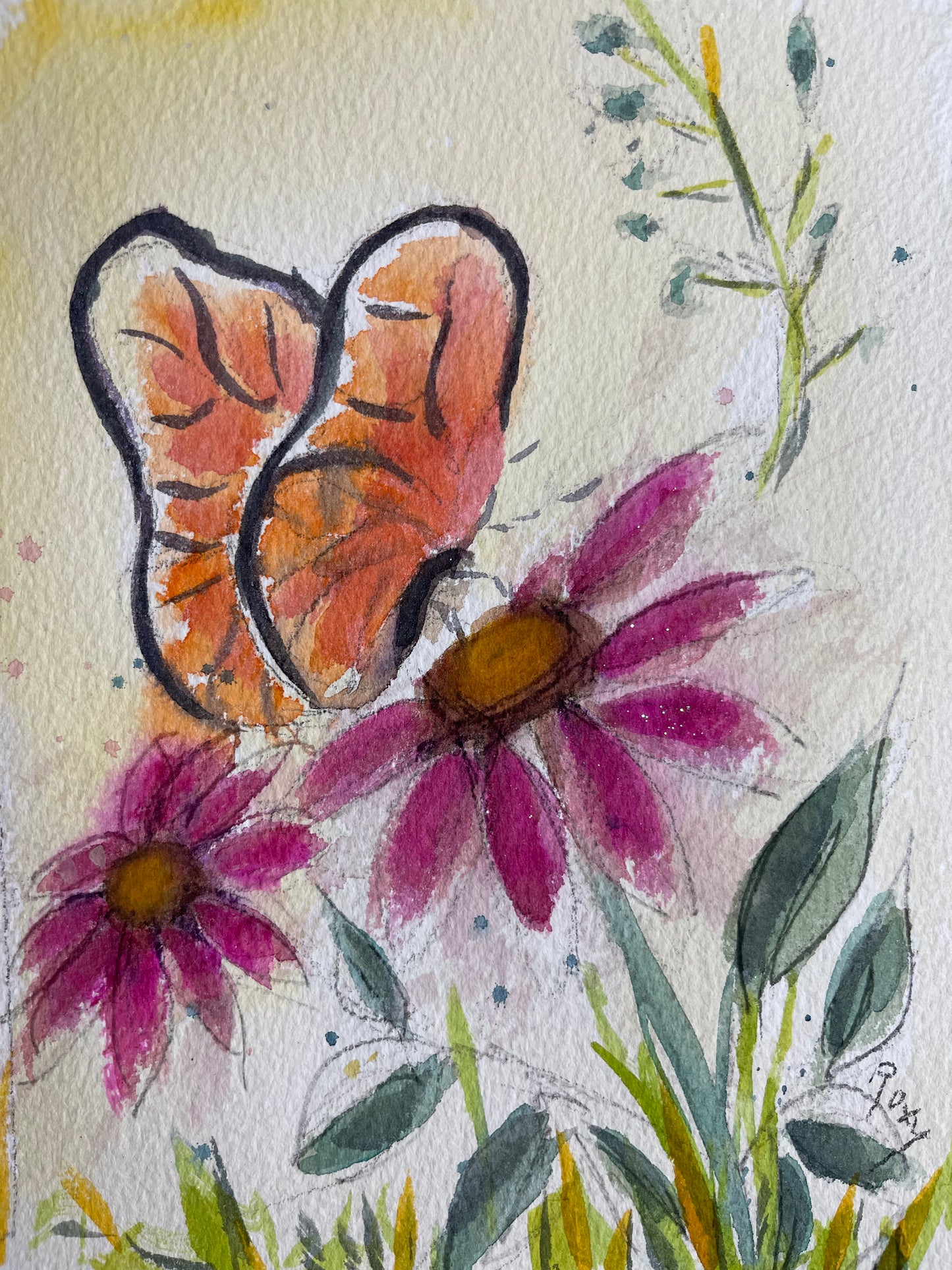 Papillon sur une peinture aquarelle originale d’échinacée 6x8