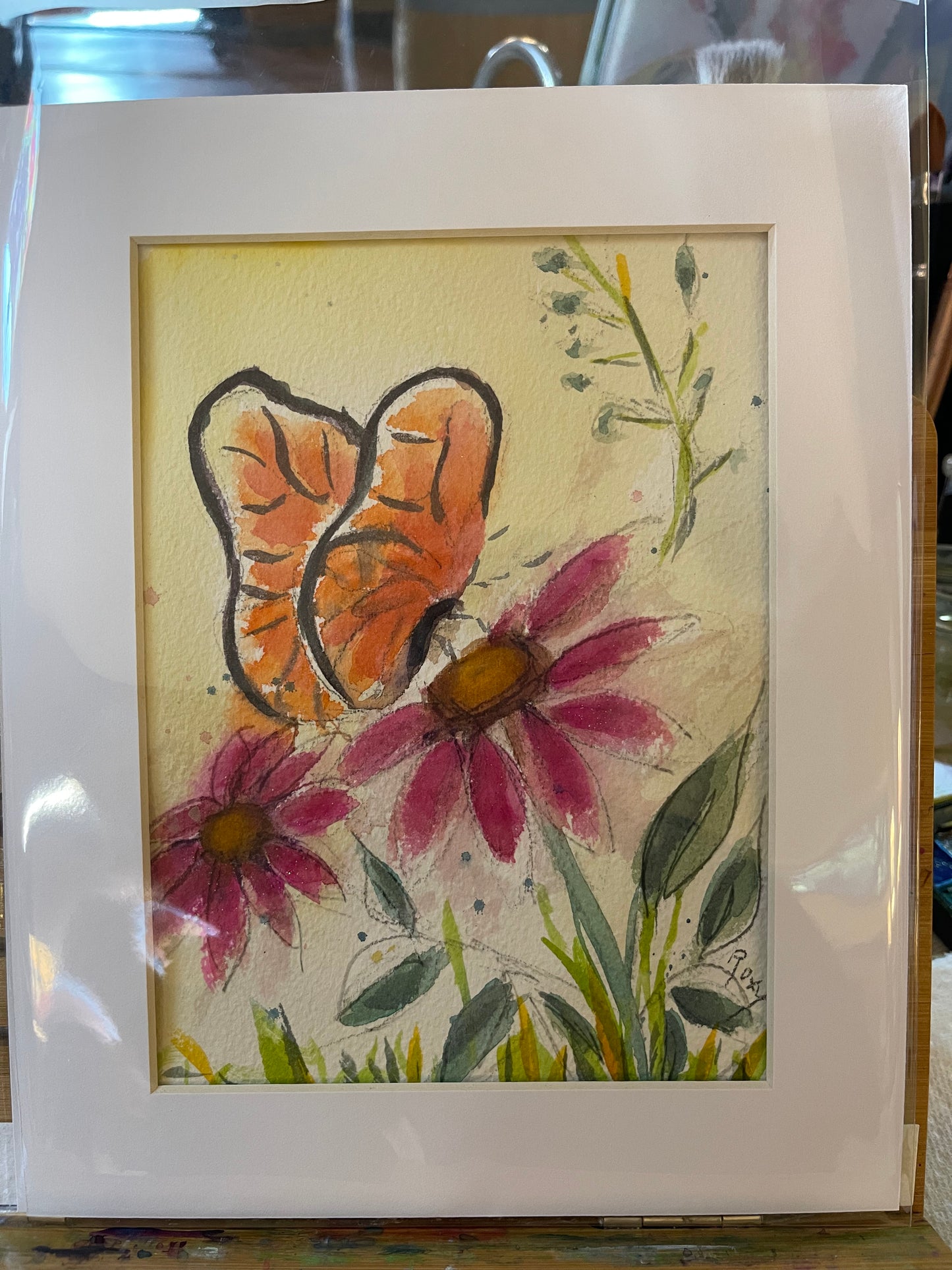 Mariposa en una pintura de acuarela original de Coneflower 6x8