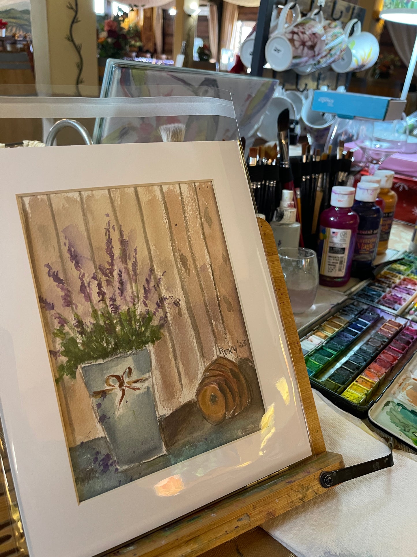 Lavender in a Bucket Original Watercolor Painting 6x8