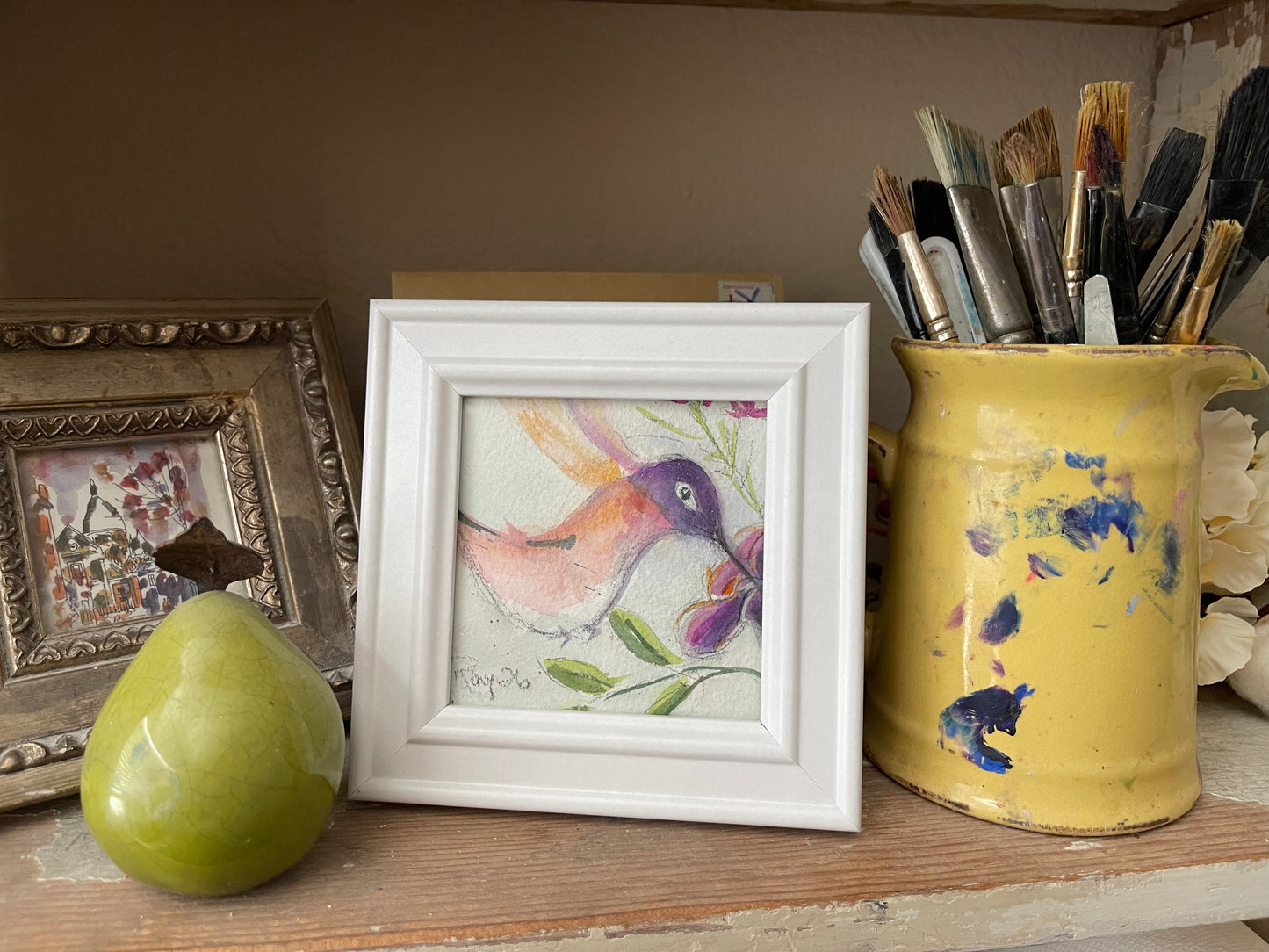 Lighter than Air Hummingbird-Original Watercolor Painting 4x4 Framed