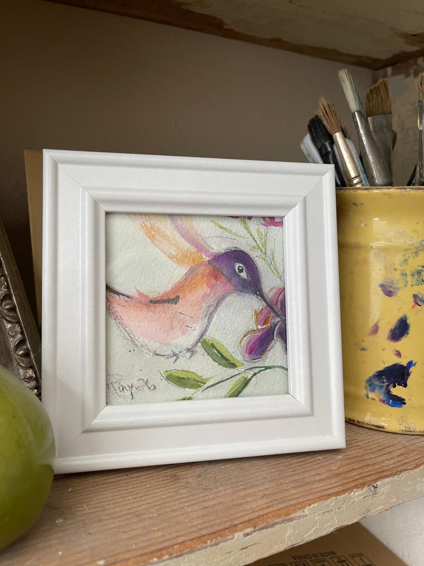 Lighter than Air Hummingbird-Original Watercolor Painting 4x4 Framed