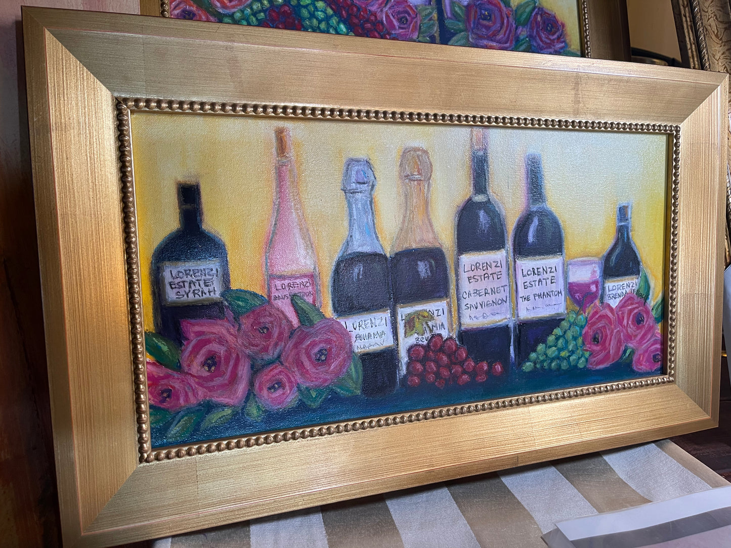 Lorenzi Estate Vino y Rosas-Original Pintura Pastel al Óleo 10 x 20 Enmarcada