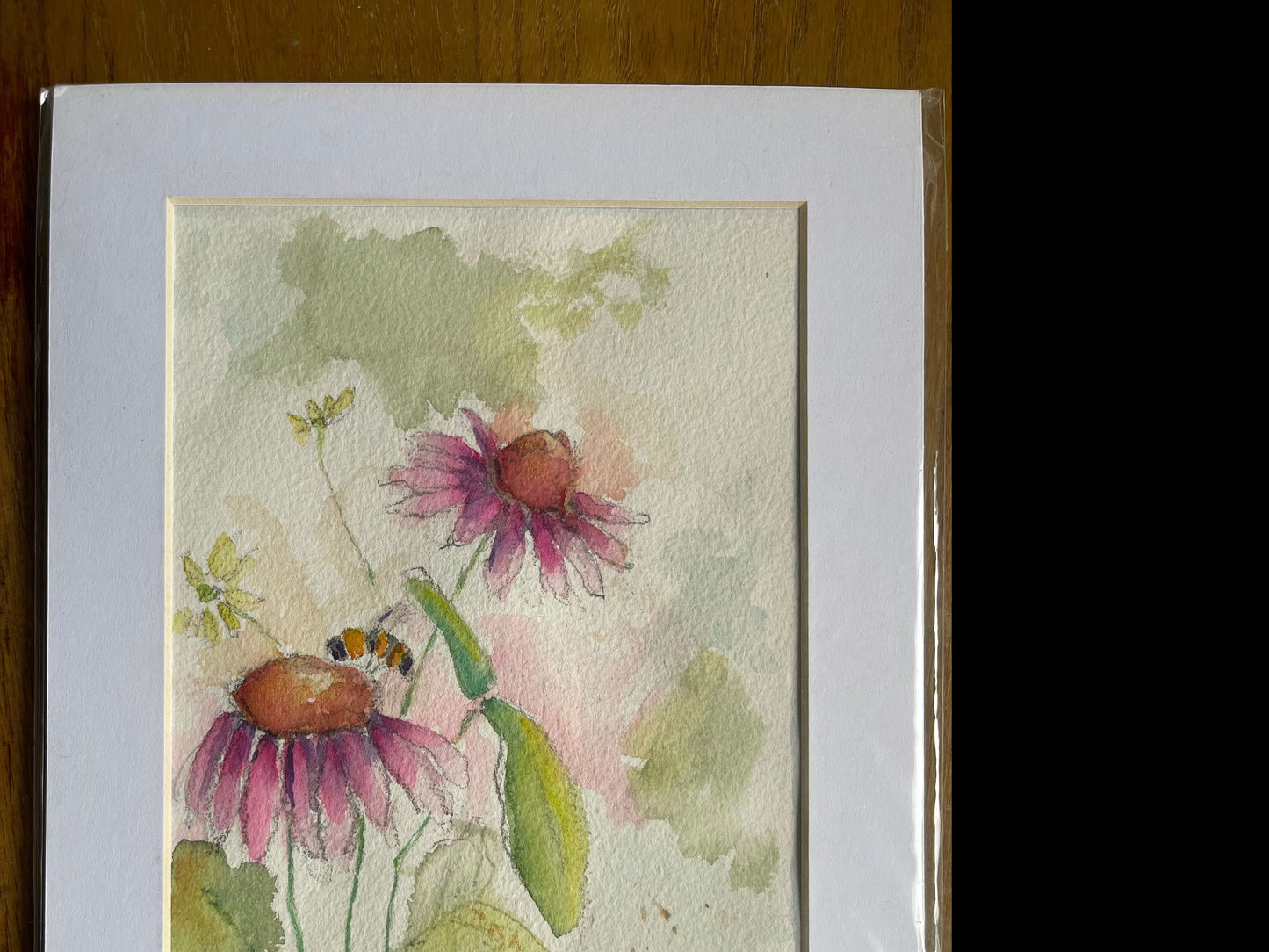 Bumble Bee on a Coneflower Original Watercolor Painting 6x8