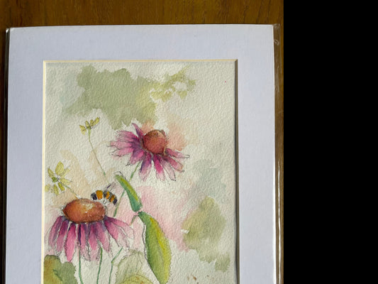 Bumble Bee on a Coneflower Original Watercolor Painting 6x8