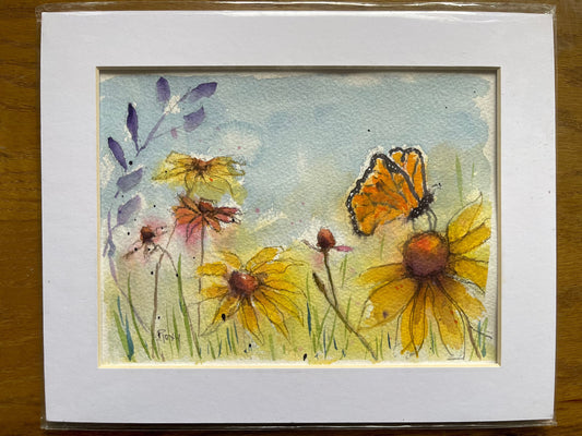 Monarch Butterfly on Yellow Coneflowers Original Watercolor and Painting 6x8