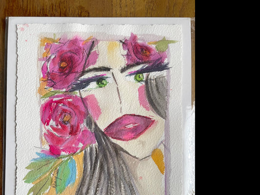 Brunette Lady with Crown of Roses "Uh-Huh" Original Watercolor Painting 6x8