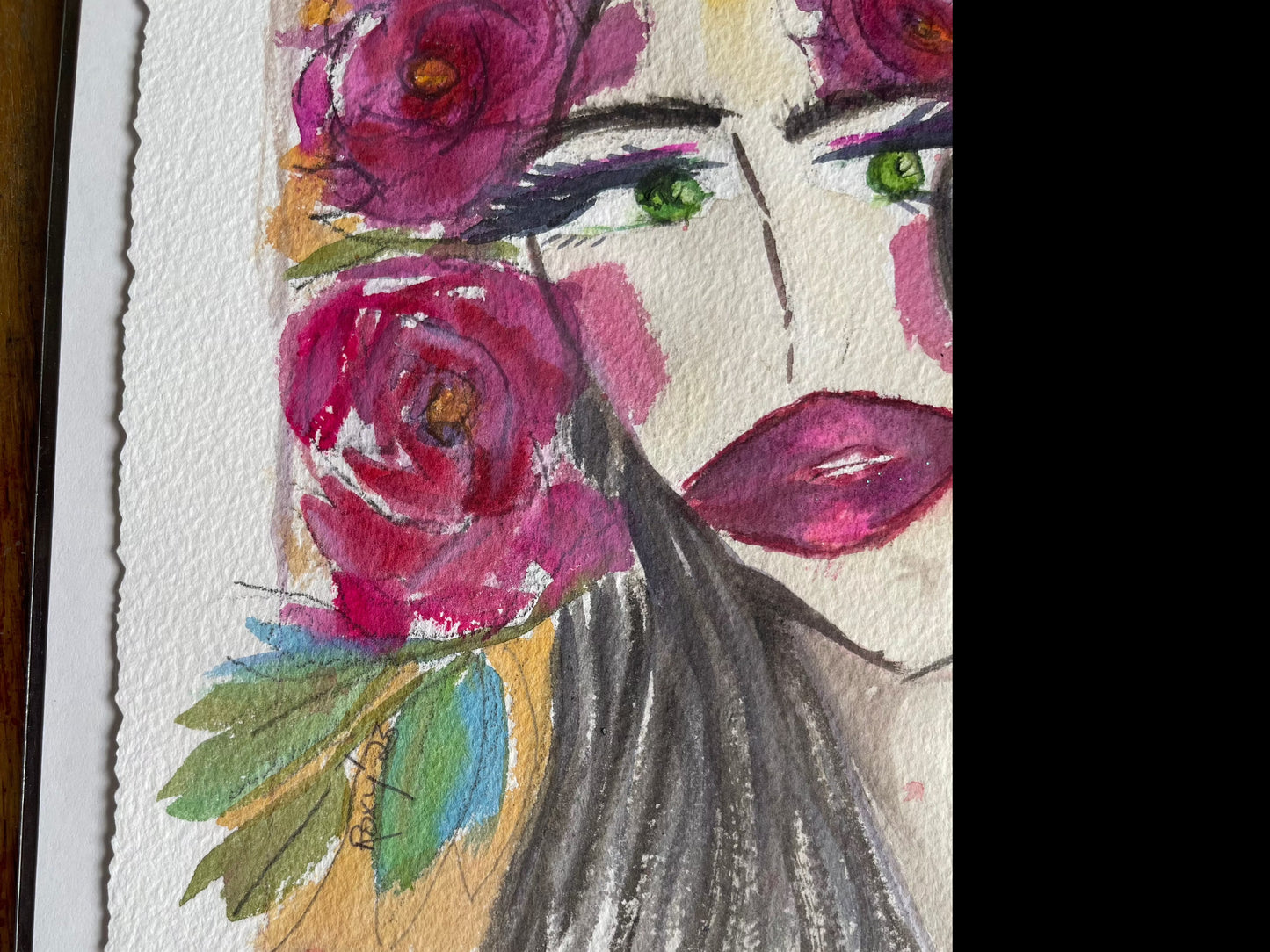 Dame brune avec couronne de roses « Uh-Huh » Peinture aquarelle originale 6x8