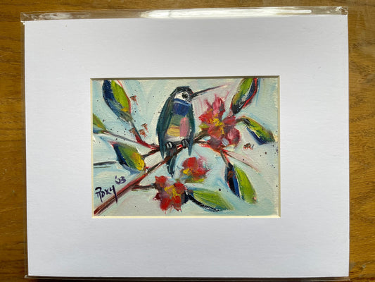 Colibrí en flores tardías Pintura al óleo original 5 x 7