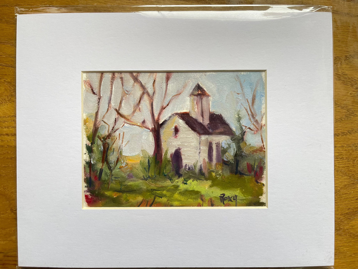 Casa de la Iglesia de Montaña Azul Pintura al óleo original 5 x 7